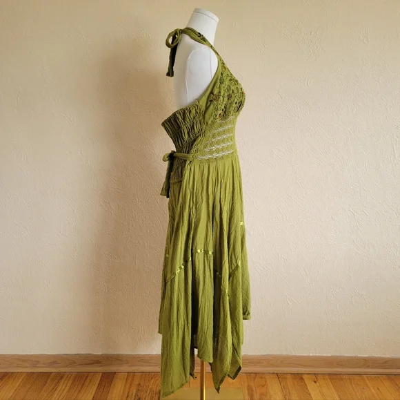 Vintage Embroidered Green Gauze Boho Halter Dress - Picture 4 of 8